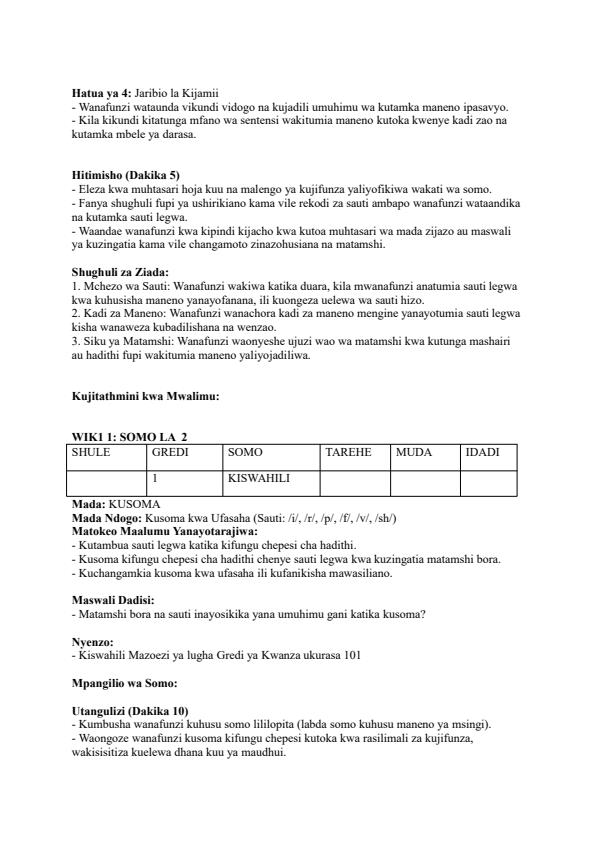 Page 2 – Grade 1 Kiswahili Lesson Plans Term 3  – Kenyaplex