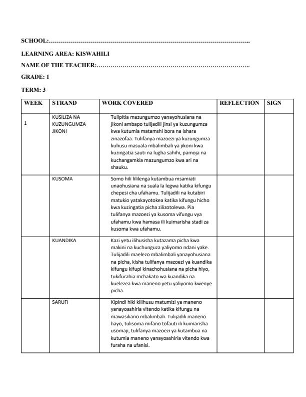 Page 1 – Grade 1 Kiswahili Records of Work Term 3 - KLB Early Grade – Kenyaplex