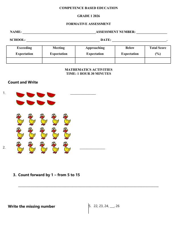 Page 1 – Grade 1 Mathematics Activities April 2026 Holiday Assignment – Kenyaplex