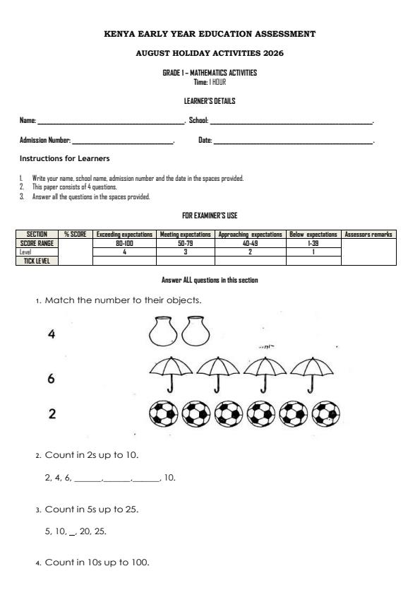 Page 1 – Grade 1 Mathematics Activities August 2026 Holiday Assignment – Kenyaplex
