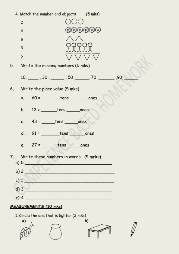 Page 2 – Grade 1 Mathematics Activities December 2024 Holiday Assignment – Kenyaplex
