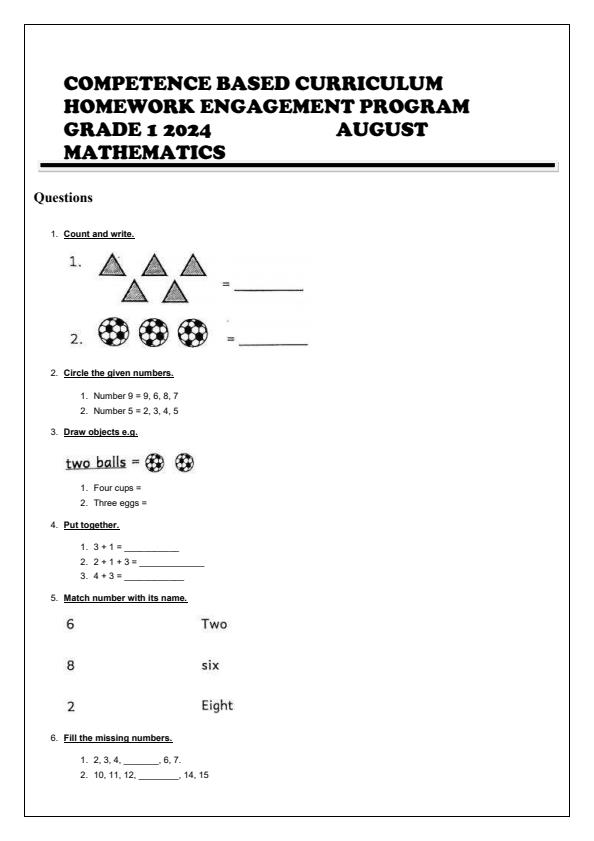 Page 1 – Grade 1 Mathematics August 2024 Holiday Assignment – Kenyaplex