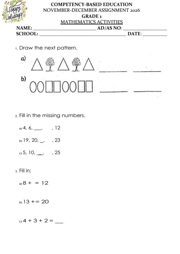 Page 1 – Grade 1 Mathematics December 2026 Holiday Assignment – Kenyaplex