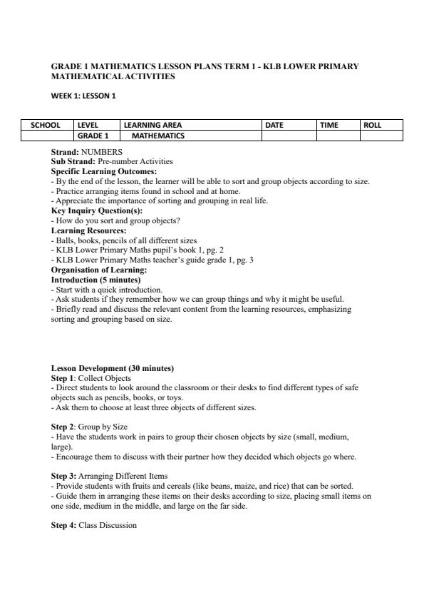 Page 1 – Grade 1 Mathematics Lesson Plans Term 1 - KLB Lower Primary Mathematical Activities – Kenyaplex