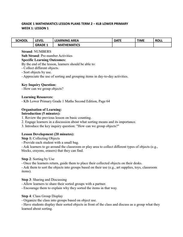 Page 1 – Grade 1 Mathematics Lesson Plans Term 2 - KLB Lower Primary – Kenyaplex