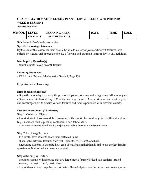 Page 1 – Grade 1 Mathematics Lesson Plans Term 3 - KLB Lower Primary – Kenyaplex