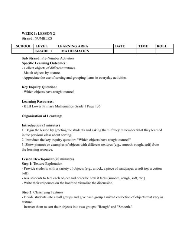 Page 3 – Grade 1 Mathematics Lesson Plans Term 3 - KLB Lower Primary – Kenyaplex