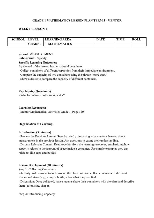 Page 1 – Grade 1 Mathematics Lesson Plans Term 3 - Mentor – Kenyaplex