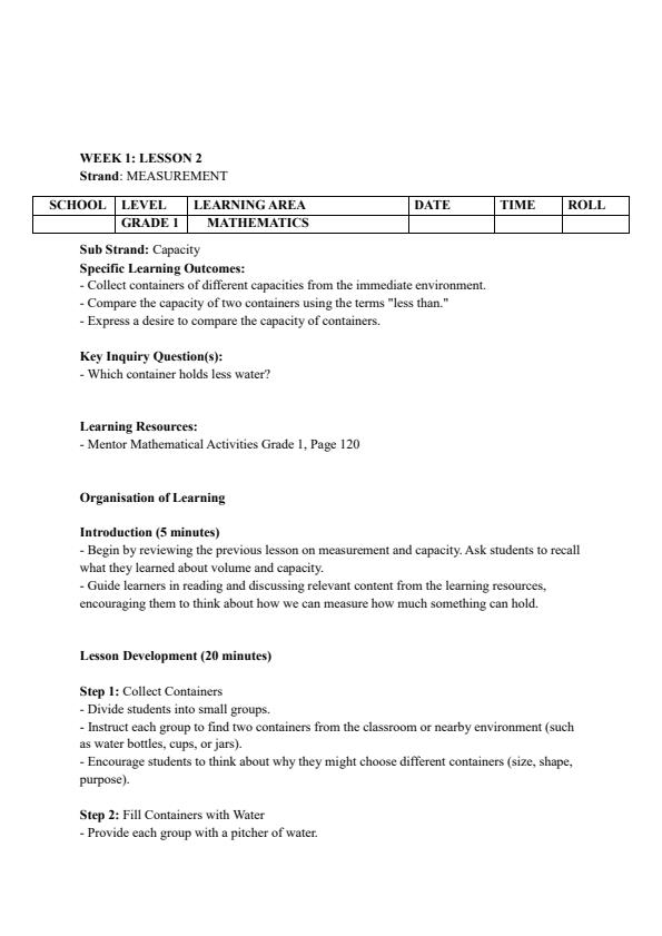 Page 3 – Grade 1 Mathematics Lesson Plans Term 3 - Mentor – Kenyaplex