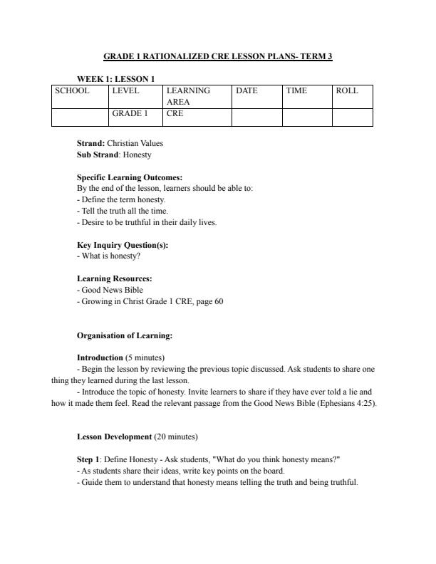 Page 1 – Grade 1 Rationalized CRE Lesson Plans Term 3 - Growing in Christ – Kenyaplex