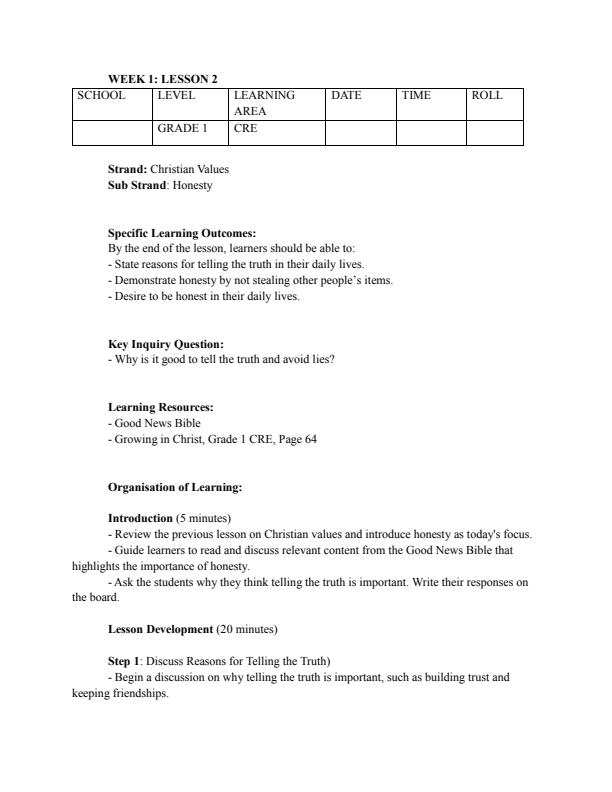 Page 3 – Grade 1 Rationalized CRE Lesson Plans Term 3 - Growing in Christ – Kenyaplex