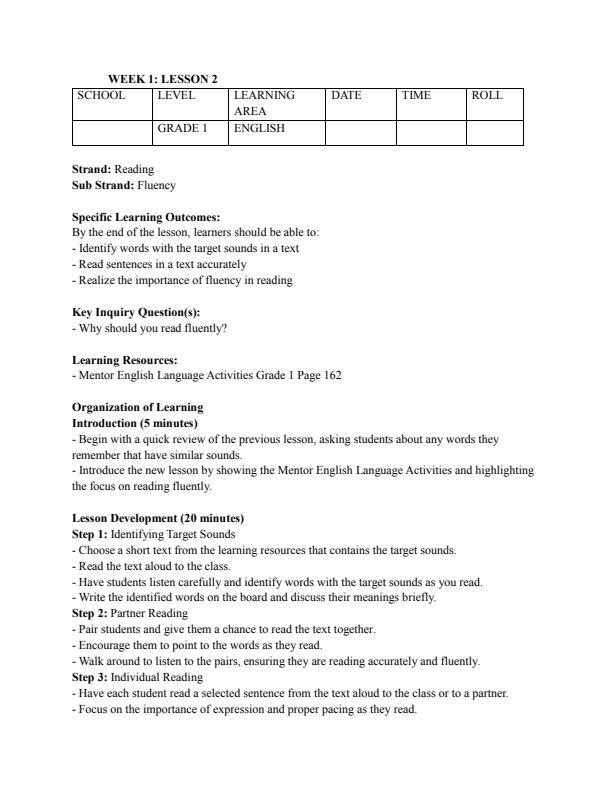 Page 3 – Grade 1 Rationalized English Lesson Plans Term 3 -  Mentor – Kenyaplex
