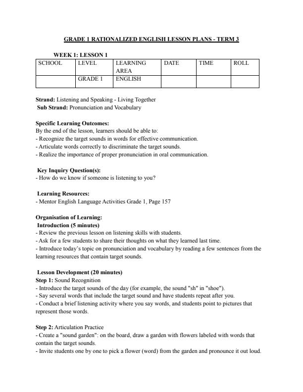 Page 1 – Grade 1 Rationalized English Lesson Plans Term 3 – Kenyaplex