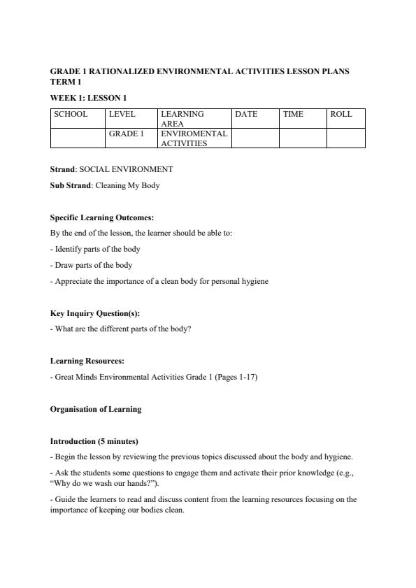Page 1 – Grade 1 Rationalized Environmental Activities Lesson Plans Term 1 – Kenyaplex