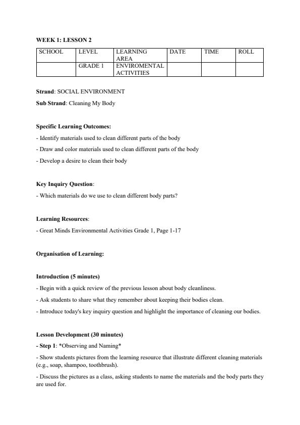 Page 4 – Grade 1 Rationalized Environmental Activities Lesson Plans Term 1 – Kenyaplex