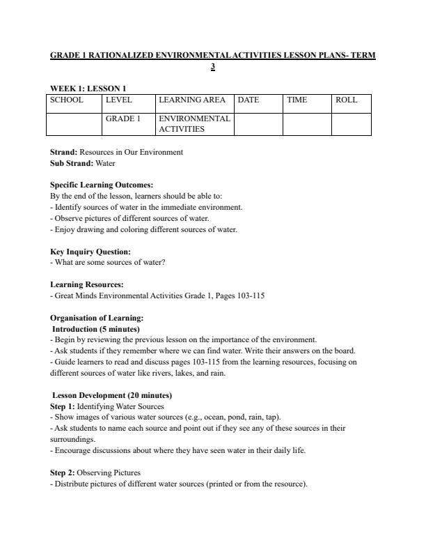 Page 1 – Grade 1 Rationalized Environmental Activities Lesson Plans Term 3 - Great Minds – Kenyaplex
