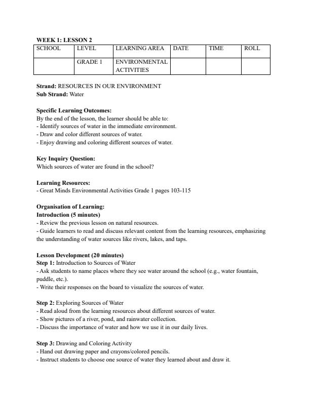 Page 3 – Grade 1 Rationalized Environmental Activities Lesson Plans Term 3 – Kenyaplex