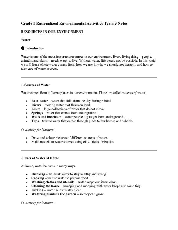 Page 1 – Grade 1 Rationalized Environmental Activities Notes Term 3 – Kenyaplex