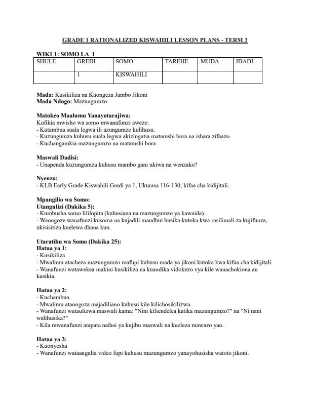 Page 1 – Grade 1 Rationalized Kiswahili Lesson Plans Term 3 - KLB Early Grade – Kenyaplex