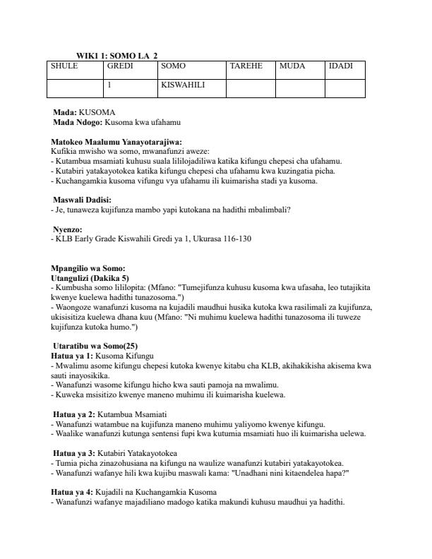 Page 3 – Grade 1 Rationalized Kiswahili Lesson Plans Term 3 - KLB Early Grade – Kenyaplex