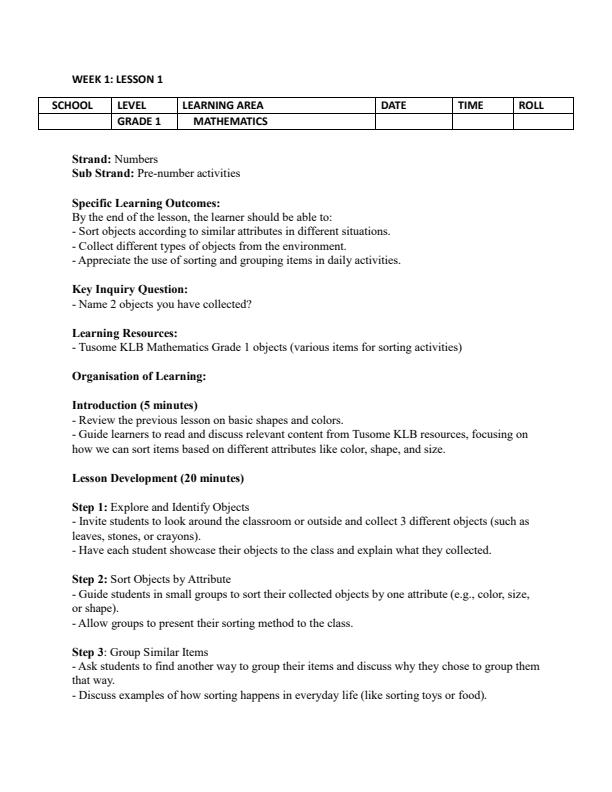 Page 1 – Grade 1 Rationalized Mathematics Lesson Plans Term 1 – Kenyaplex