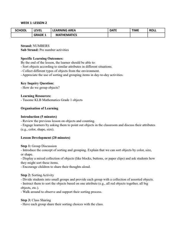 Page 3 – Grade 1 Rationalized Mathematics Lesson Plans Term 1 – Kenyaplex