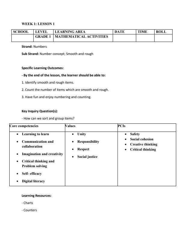 Page 1 – Grade 1 Rationalized Mathematics Lesson Plans Term 3 - KLB Tusome – Kenyaplex