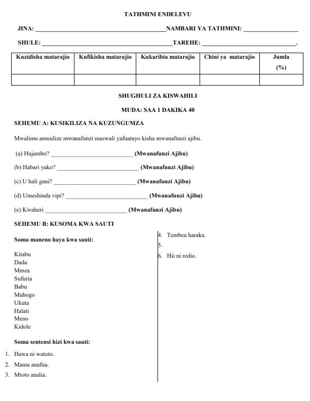 Page 1 – Grade 1 Shughuli za Kiswahili April 2026 Holiday Assignment – Kenyaplex