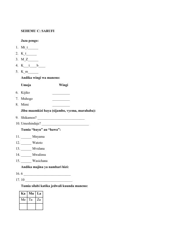 Page 2 – Grade 1 Shughuli za Kiswahili April 2026 Holiday Assignment – Kenyaplex