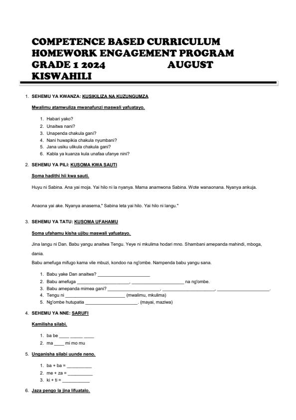Page 1 – Grade 1 Shughuli za Kiswahili August 2024 Holiday Assignment – Kenyaplex