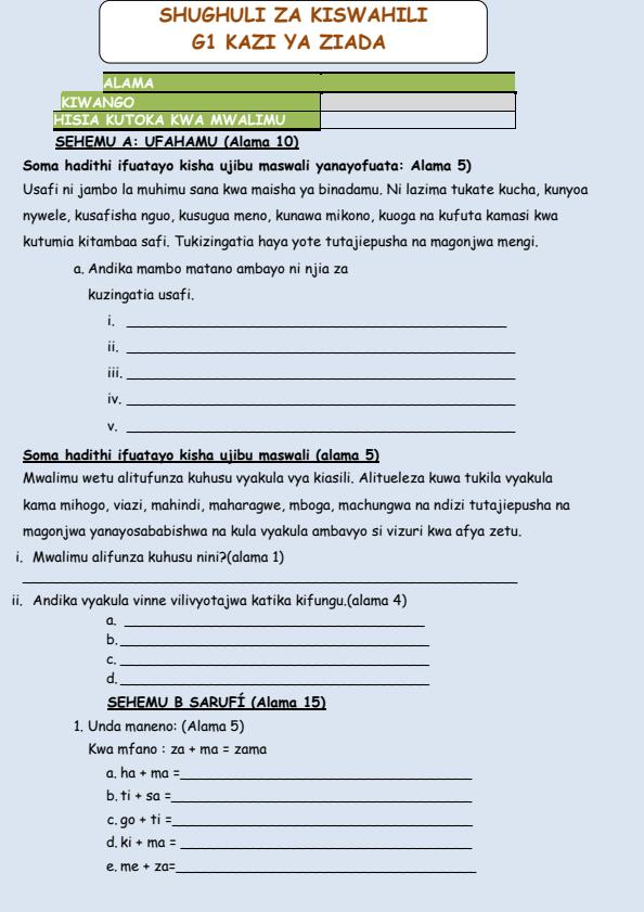 Page 1 – Grade 1 Shughuli za Kiswahili December 2024 Holiday Assignment – Kenyaplex