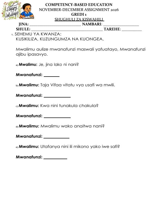 Page 1 – Grade 1 Shughuli za Kiswahili December 2026 Holiday Assignment – Kenyaplex