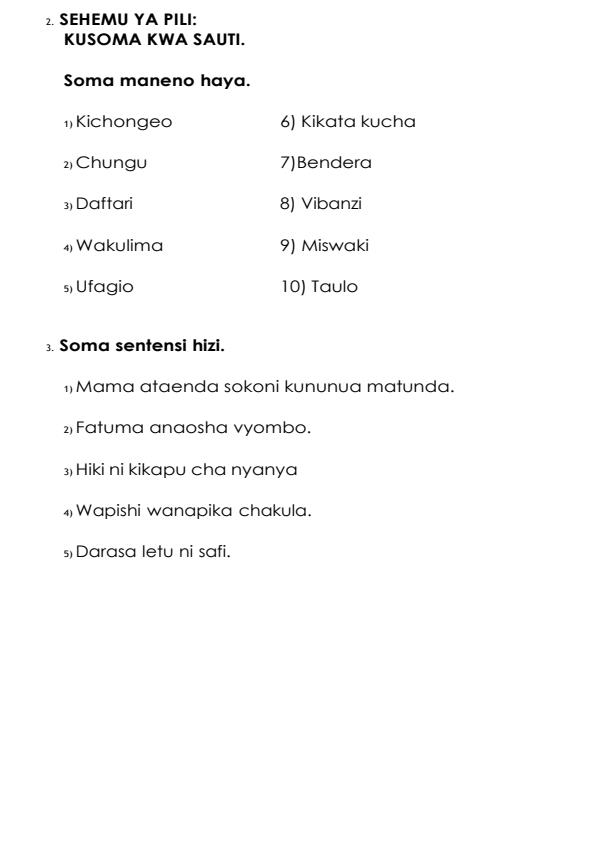 Page 2 – Grade 1 Shughuli za Kiswahili December 2026 Holiday Assignment – Kenyaplex