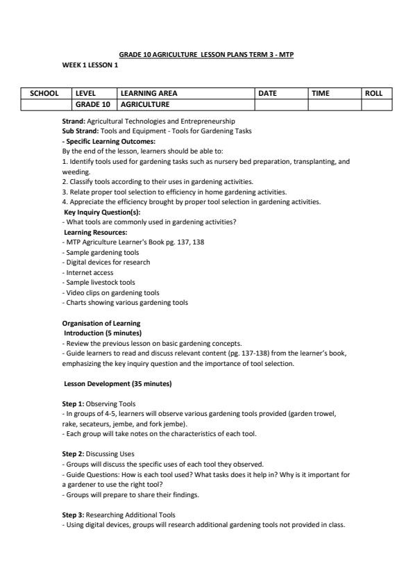 Page 1 – Grade 10 Agriculture Lesson Plans Term 3 - MTP – Kenyaplex