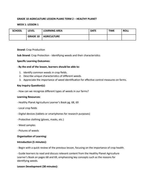 Page 1 – Grade 10 Agriculture lesson Plans Term 2 - Healthy Planet – Kenyaplex