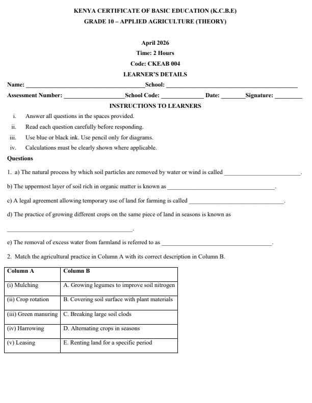 Page 1 – Grade 10 Applied Agriculture April 2026 Holiday Assignment – Kenyaplex