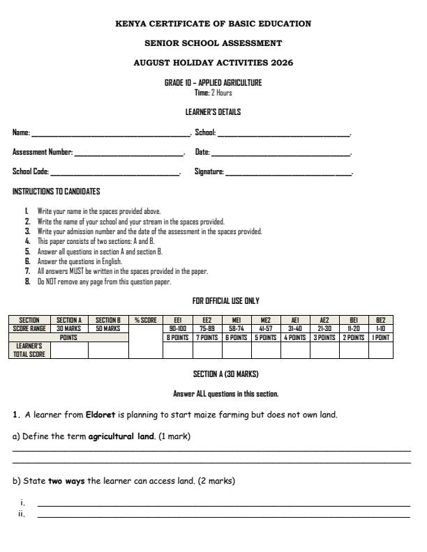 Page 1 – Grade 10 Applied Agriculture August 2026 Holiday Assignment – Kenyaplex
