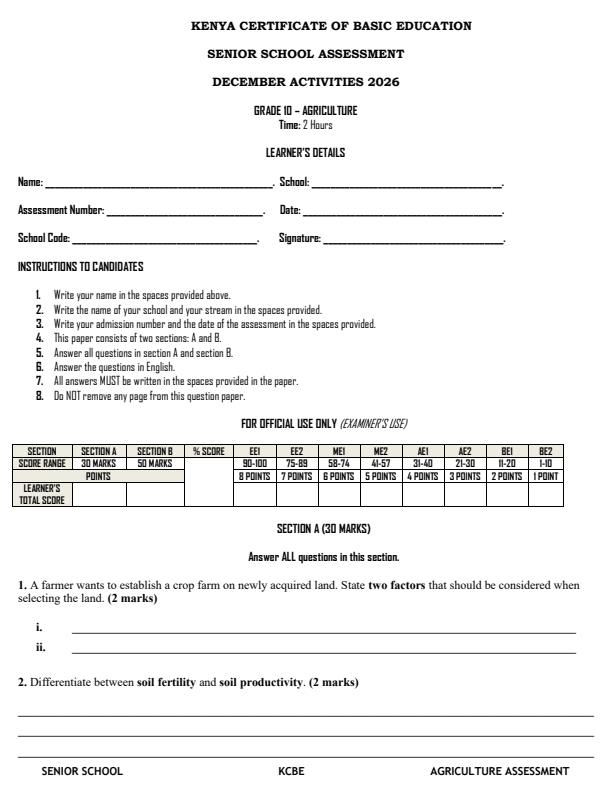 Page 1 – Grade 10 Applied Agriculture December 2026 Holiday Assignment – Kenyaplex