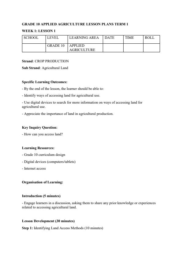 Page 1 – Grade 10 Applied Agriculture Lesson Plans Term 1 – Kenyaplex
