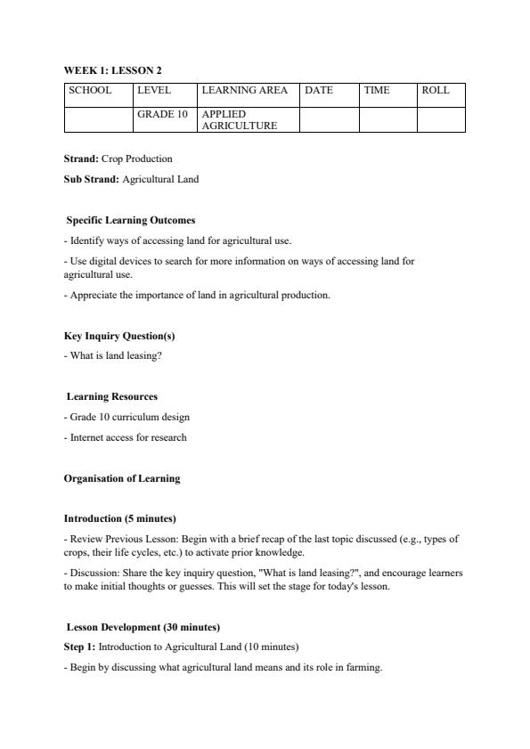 Page 3 – Grade 10 Applied Agriculture Lesson Plans Term 1 – Kenyaplex