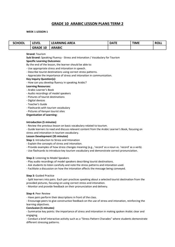 Page 1 – Grade 10 Arabic Lesson Plans Term 2  – Kenyaplex