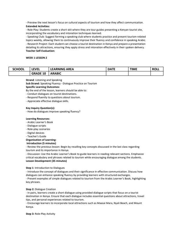 Page 2 – Grade 10 Arabic Lesson Plans Term 2  – Kenyaplex