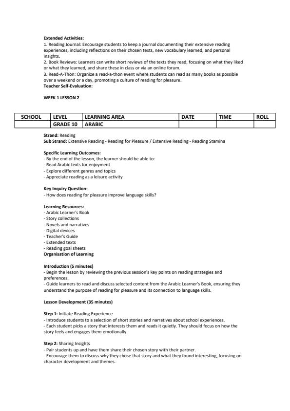 Page 2 – Grade 10 Arabic Lesson Plans Term 3  – Kenyaplex