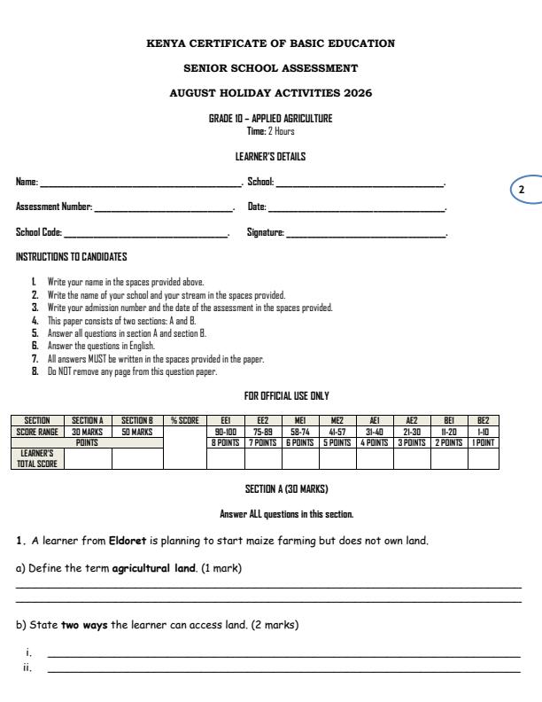 Page 2 – Grade 10 August 2026 Holiday Assignment - Full Set – Kenyaplex
