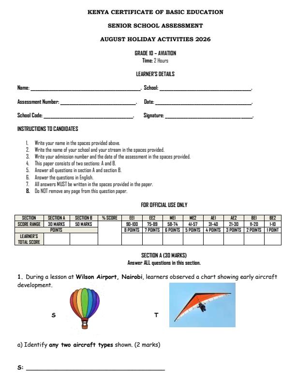 Page 1 – Grade 10 Aviation August 2026 Holiday Assignment – Kenyaplex