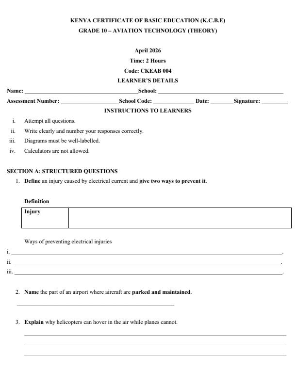 Page 1 – Grade 10 Aviation Technology April 2026 Holiday Assignment – Kenyaplex