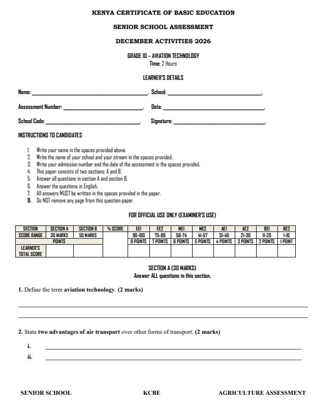 Page 1 – Grade 10 Aviation Technology December 2026 Holiday Assignment – Kenyaplex