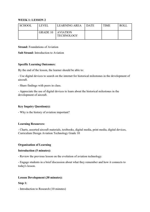 Page 3 – Grade 10 Aviation Technology Lesson Plans Term 1 – Kenyaplex