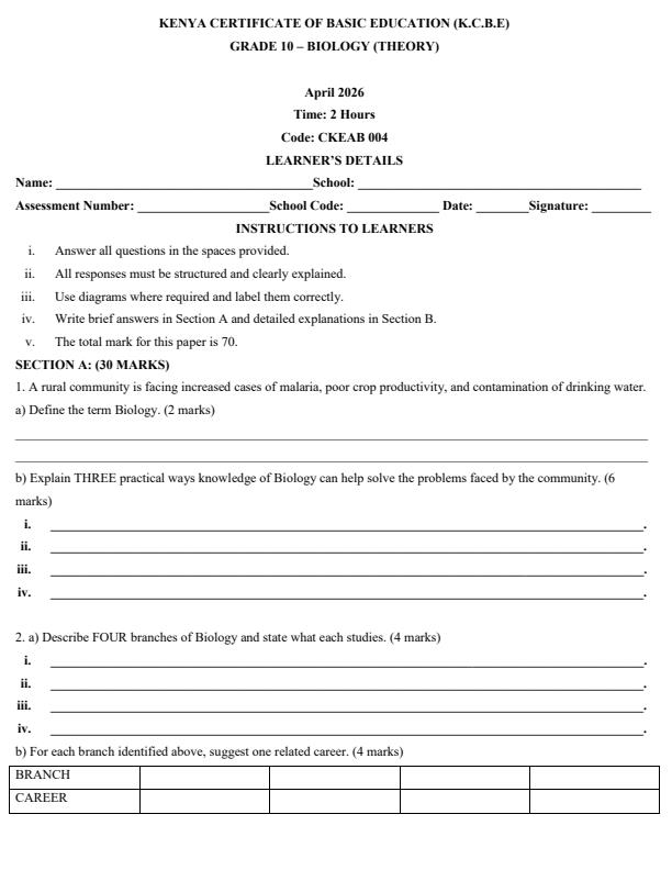 Page 1 – Grade 10 Biology April 2026 Holiday Assignment – Kenyaplex