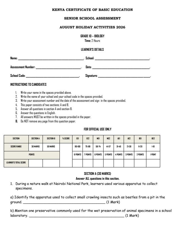 Page 1 – Grade 10 Biology August 2026 Holiday Assignment – Kenyaplex